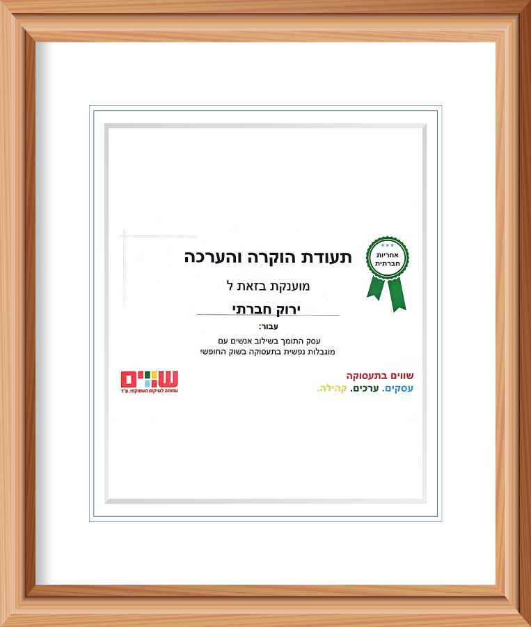 תעודת הוקרה שווים - עמותה לשיקום תעסוקתי | ירוק חברתי